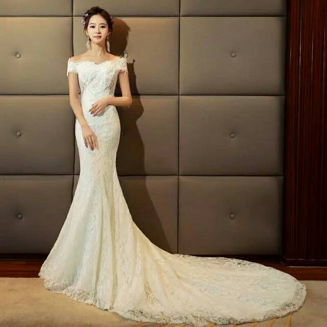 Gaun pengantin gaun pesta pernikahan mermaid off shoulder slim fit bordir renda