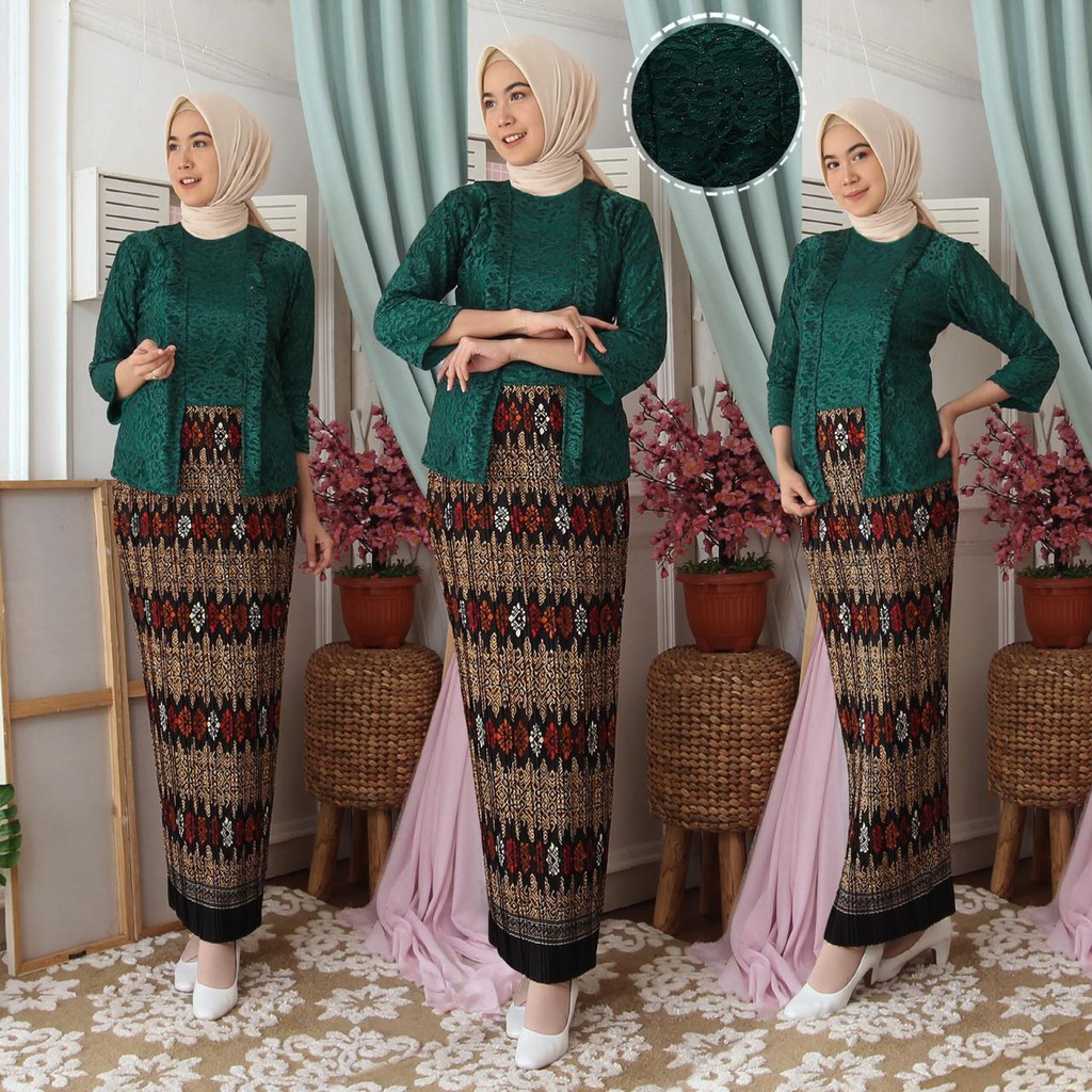 (ada RealPict) Kebaya Kartini Floy Brukat Tulang Glitter Set Batik Kebaya Wisuda Kondangan KB Tessa