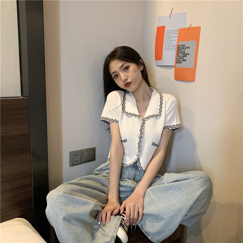 [Diskon Spesial] Atasan kemeja lengan pendek all-match korean style rajut