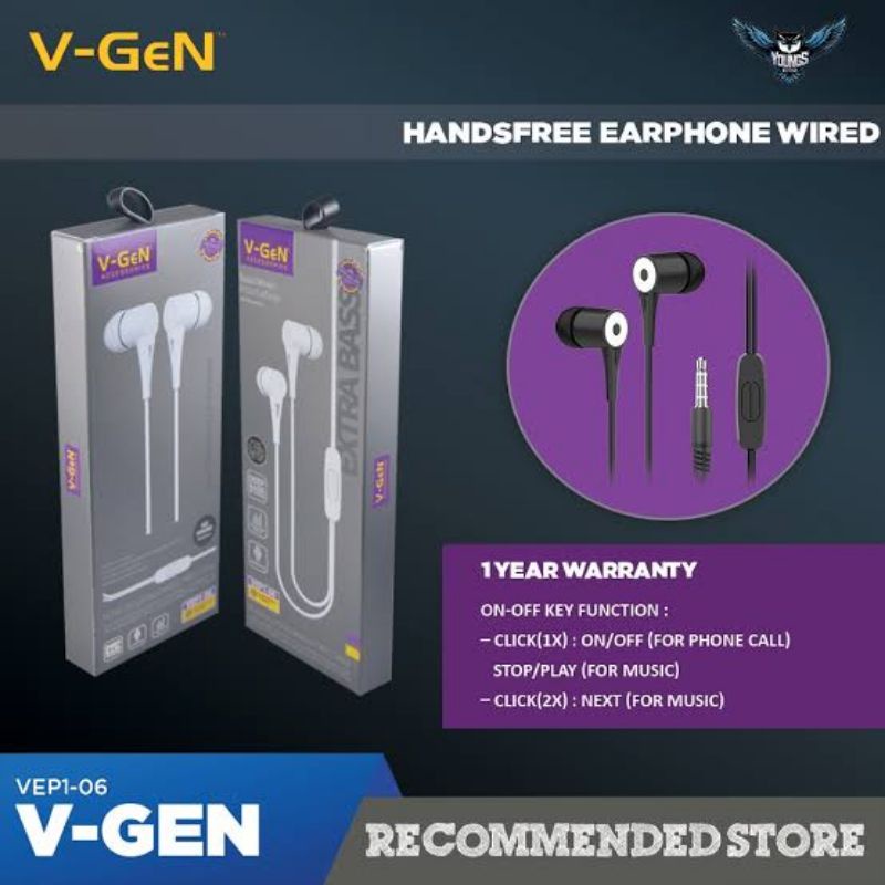 Original V-Gen Headset Extra bass with Microphone Earphone bass stereo Original Vgen (V-P06)