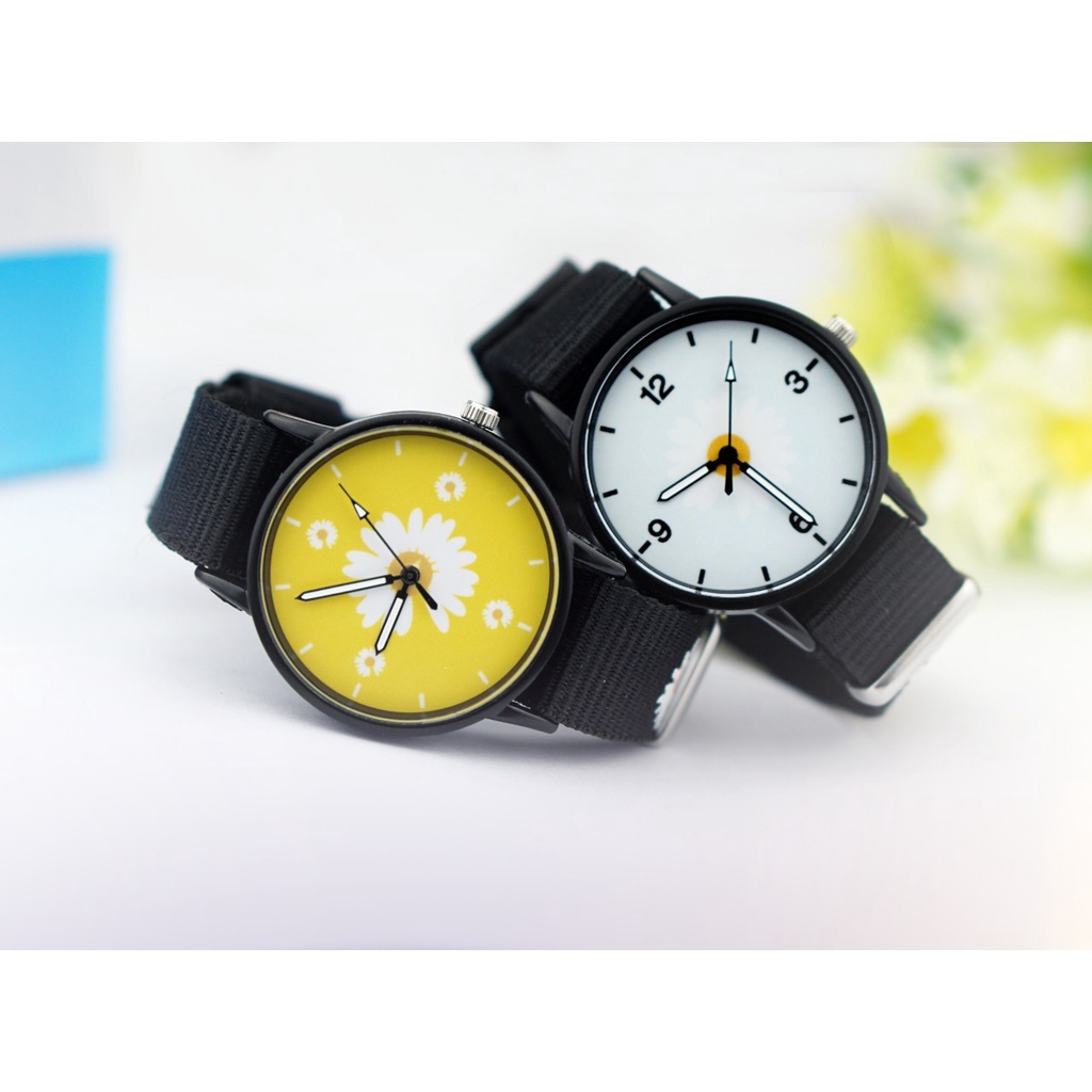 BAJ Jam Tangan Wanita Quartz Analog Bunga Daisy Bahan Nilon Kanvas Women Watch Couple Pria JT002