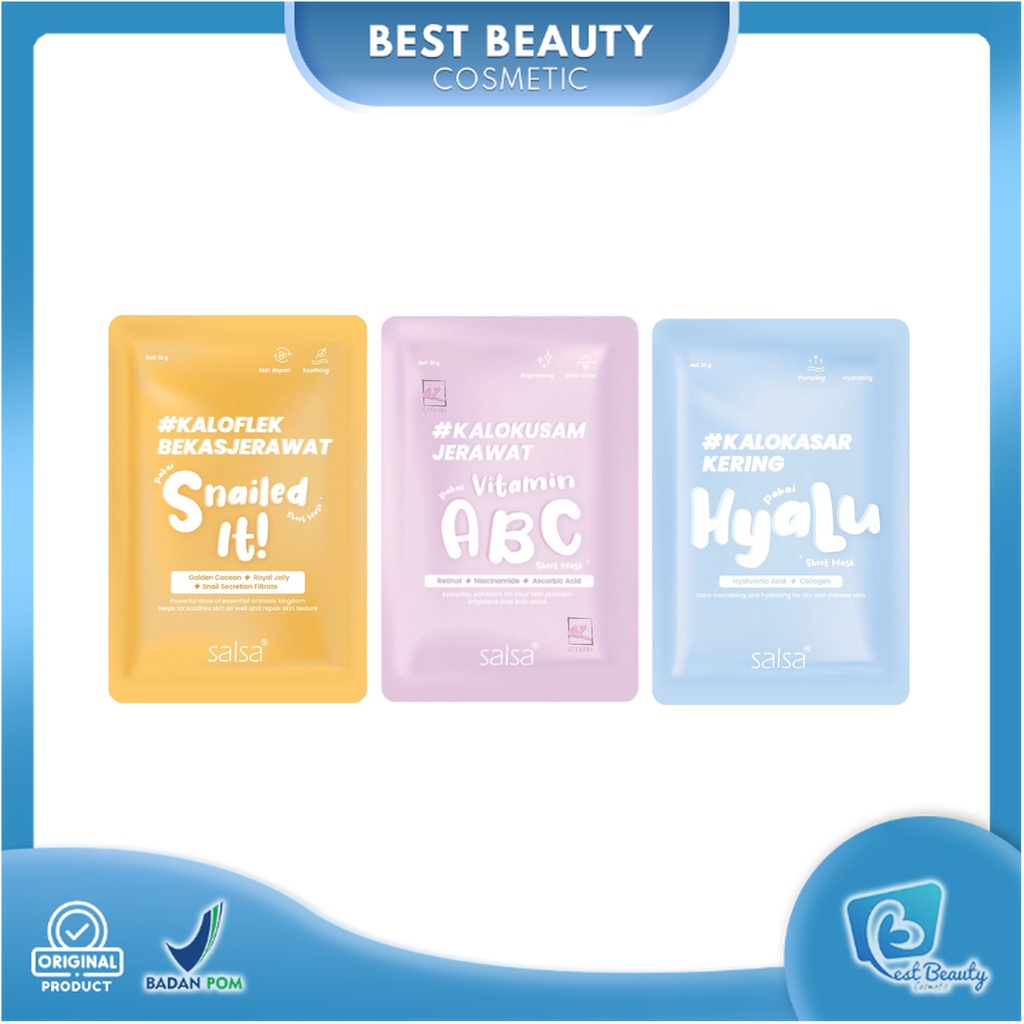 ★ BB ★ SALSA Sheet Mask - Masker Wajah Daily / Hyaluronic / Vitamin ABC / Snail