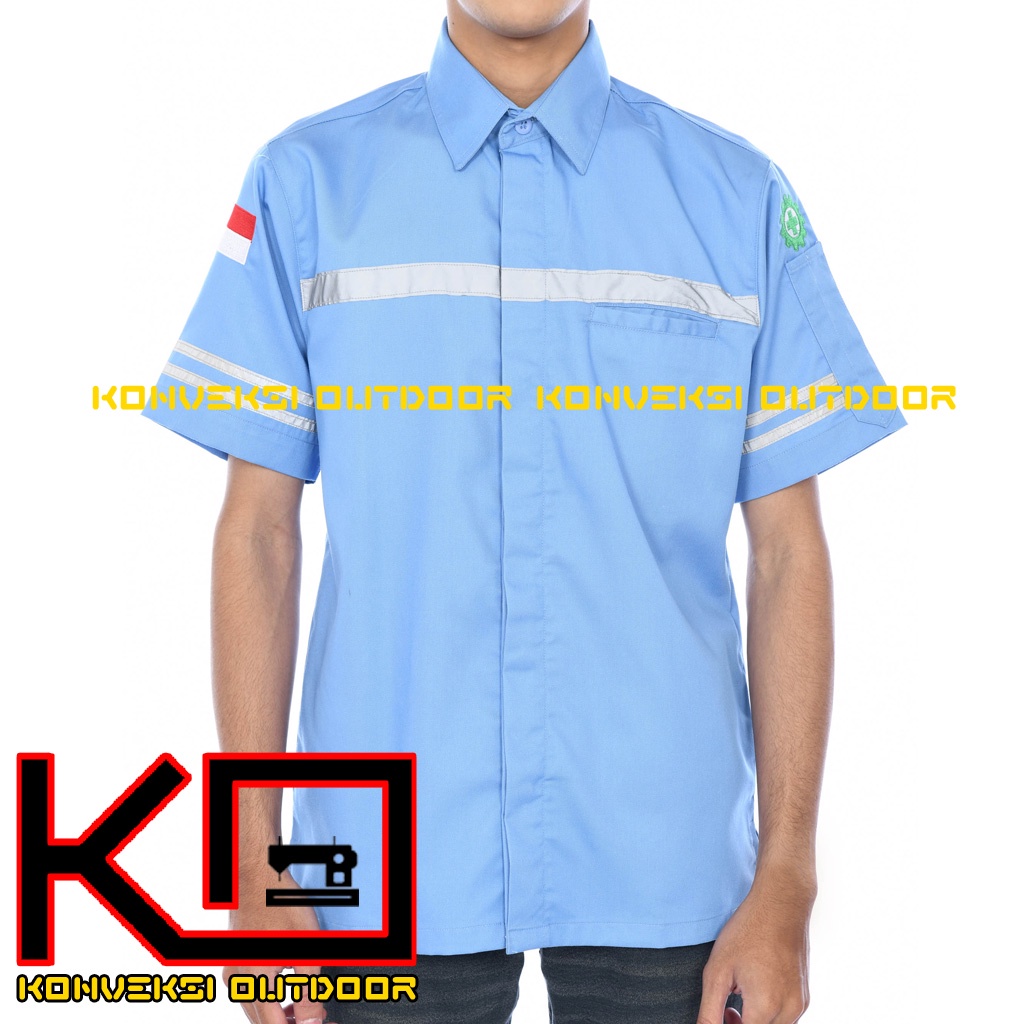 KEMEJA WEARPACK BAJU SAFETY K3 OUTDOOR INDOOR - Seragam Kemeja Kerja Lapangan Lengan Pendek Proyek Bangunan Tambang Alat Berat PLN Enginer Instalasi Mesin werpek sefti Scotlit Warna Biru Muda Konveksi Outdoor