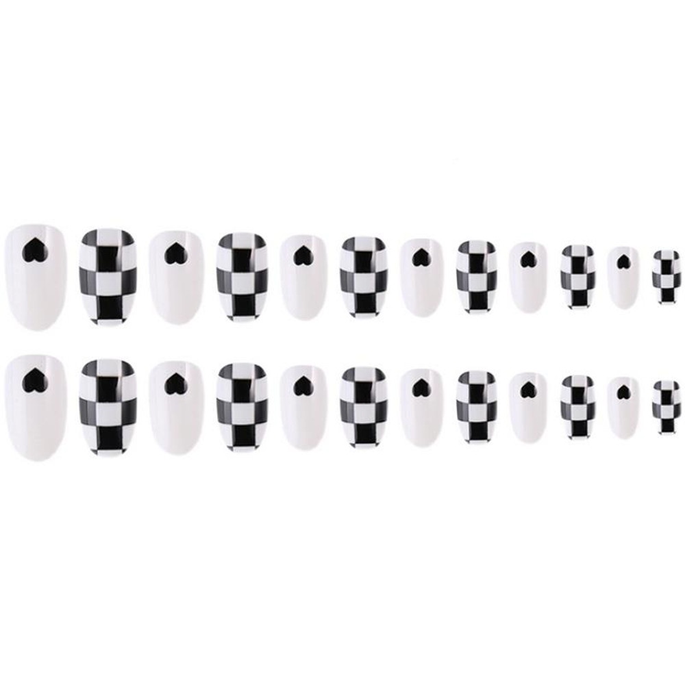 24pcs Stiker Kuku Motif Kotak-Kotak Hitam Putih Anti Air Dapat Dilepas