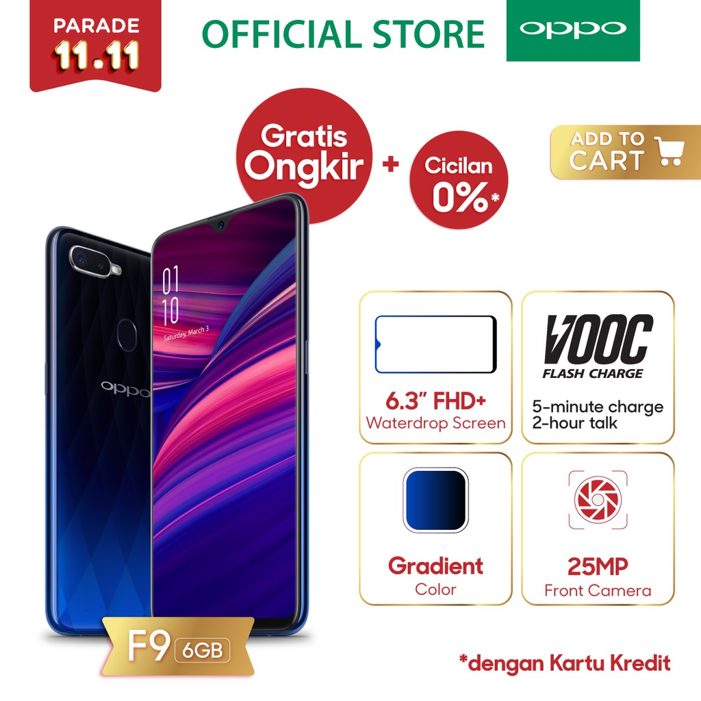 OPPO F9 6GB/64GB Blue Smartphone Android 8.1 25 MP (COD,Garansi Resmi, Gratis Ongkir, Cicilan 0%)