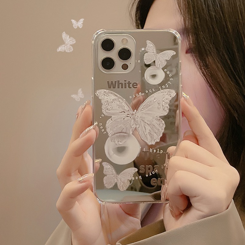 Soft Case Silikon Motif Kupu-Kupu Putih Dengan Cermin Makeup Untuk IPhone 7 8 Plus X XR XS Max 11 Pro Max 12 13 Pro Max SE 2020