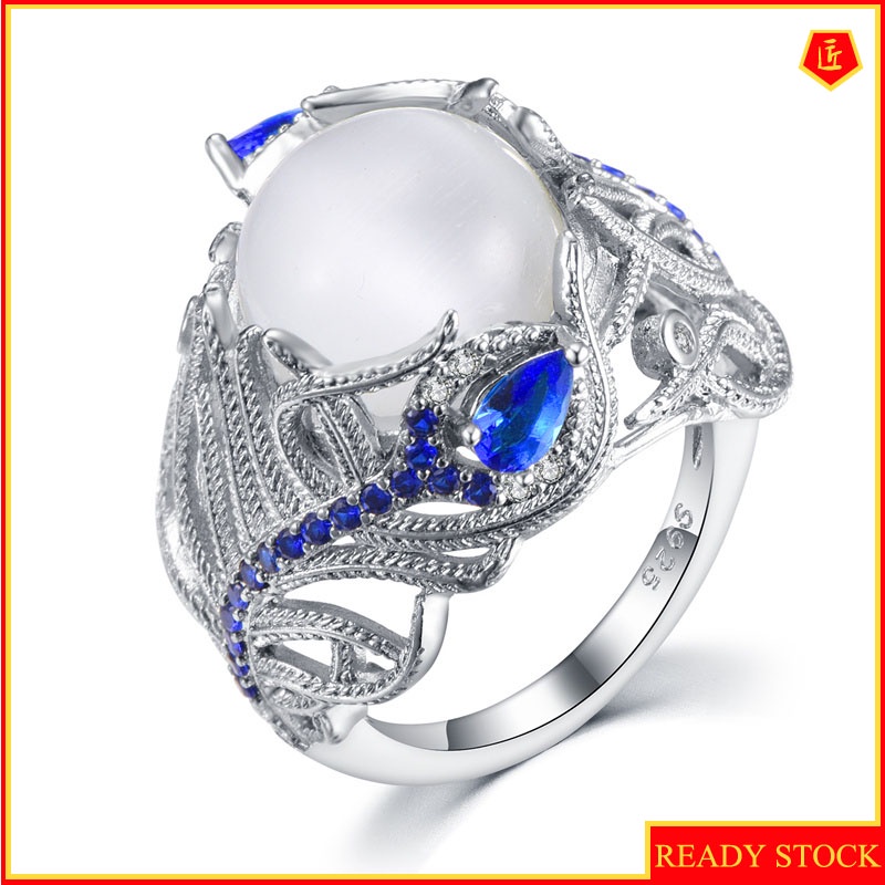 [Ready Stock]Moonstone Opal Flower Ring Inlaid Sapphire Fashion Elegant