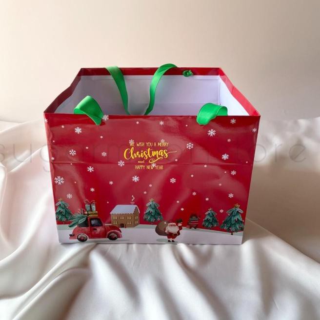

Bagus Dipakai-043 Paper Bag Christmas 23,5x23,5x18cm Kantong Tas Kotak Hampers Kue Natal