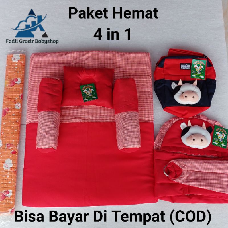 Paket Hemat (4 in 1) Kasur Matras Bayi Set Bantal Guling Tas Bayi Boneka Sapi Gendongan Bayi Samping Boneka Sapi Dan Perlak Bayi