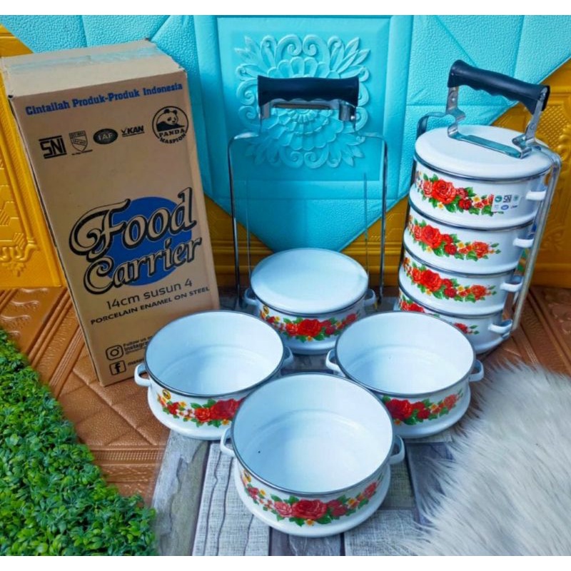 Rantang Enamel Maspion Susun 4  / Rantang Merah  / Rantang Enamel Panda / rantang susun motif bunga 