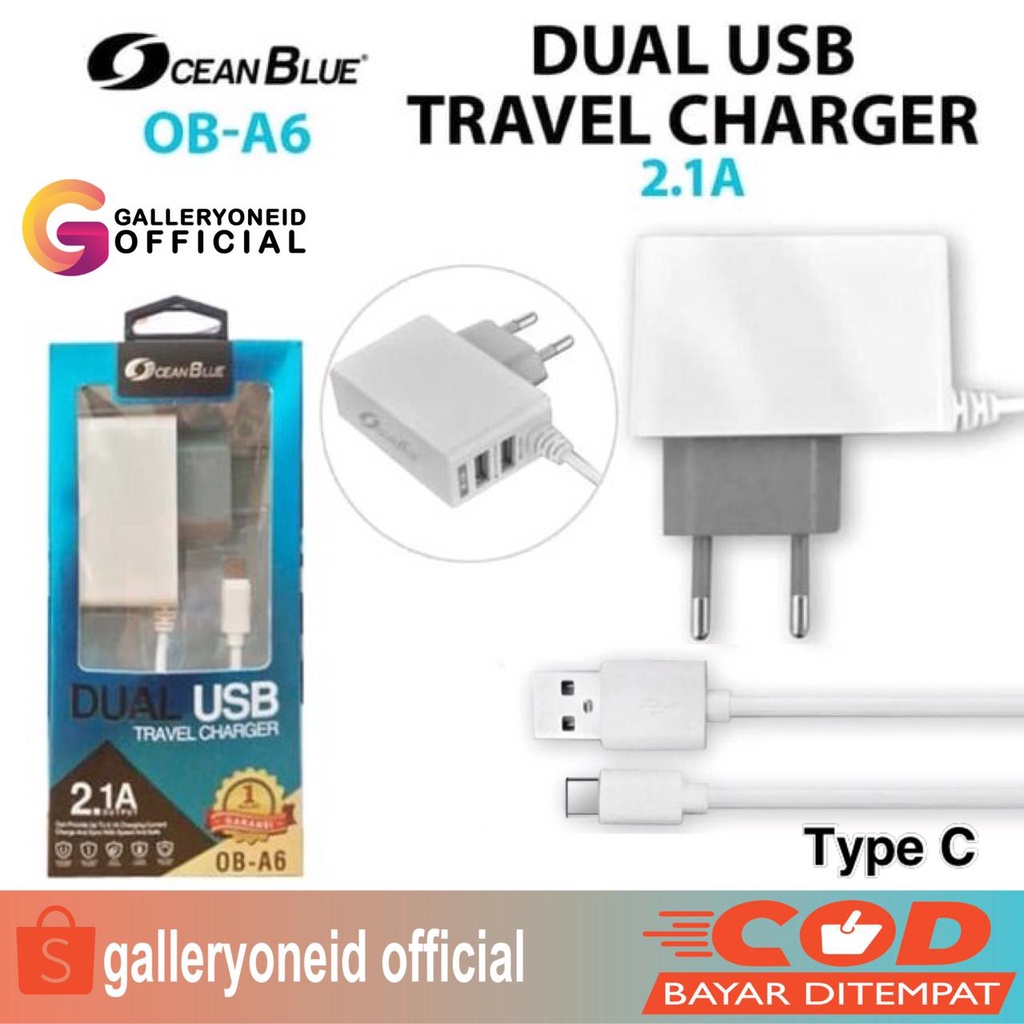 Charger Hp Ocean Blue OB-A6 Dual Port USB Type C 2.0A Fast Charging Aksesoris Hadnphone GALLERYONE gallery one