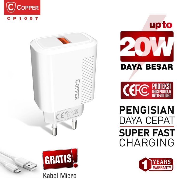 COPPER CP1007,1008,1009,1011 Charger Single Port 18W Up to 20W QC 3.0 Fast Charging