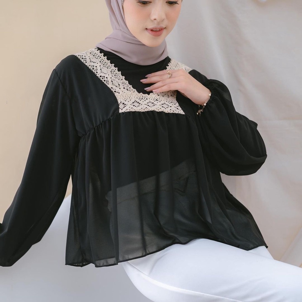 Ayuka Blouse Atasan Wanita Muslim Lengan Panjang Mix Renda Bahan Ceruty Babydoll / Blus Remaja / Baju Muslim Wanita / Blus Casual / Blouse Murah