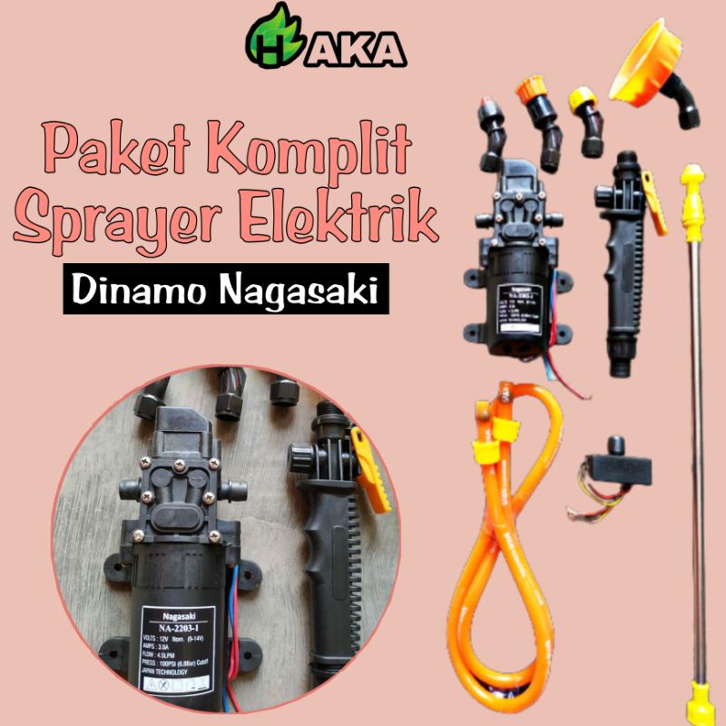 PAKET SPRAYER ELEKTRIK LENGKAP DINAMO NAGASAKI 4 NOSEL/ PAKET STIK SELANG KRAN DINAMO POTENSIO DAN 4