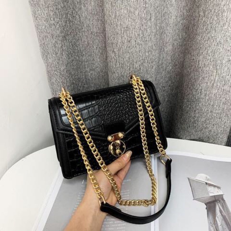 SG3464 syafniegalery tas croco impor motif kulit buaya tas tali rantai