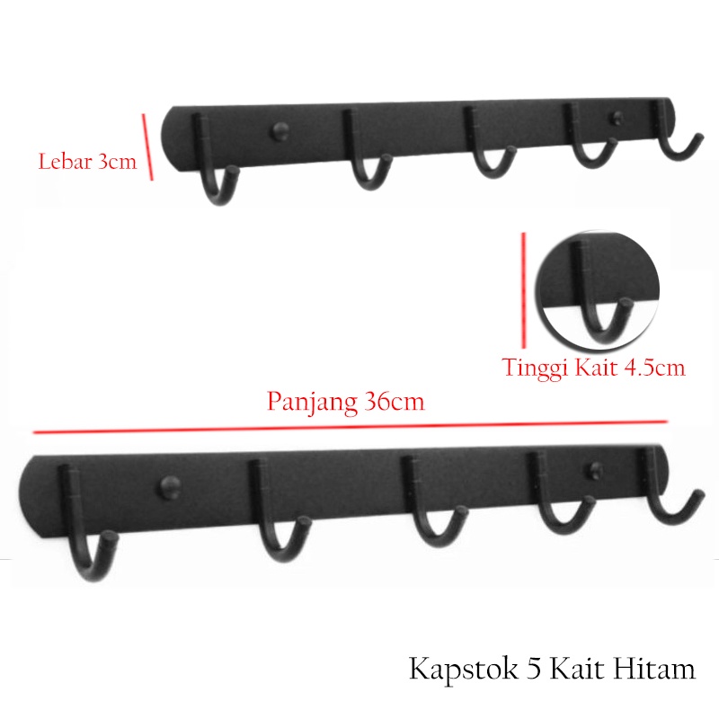 (SerbaSerbi)Gantungan Baju Hook 5 Kait Kamar Mandi Hitam &amp; Silver / Kapstok Hanger Stainles Cantolan Baju Anti Karat Kuat dan awet