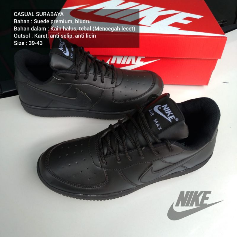 SEPATU SEKOLAH HITAM POLOS NK AIR FORCE ONE / SEPATU SEKOLAH HITAM FULL BLACK / SEPATU SEKOLAH KERJA HITAM POLOS LENTUR ALAS BAHAN KARET