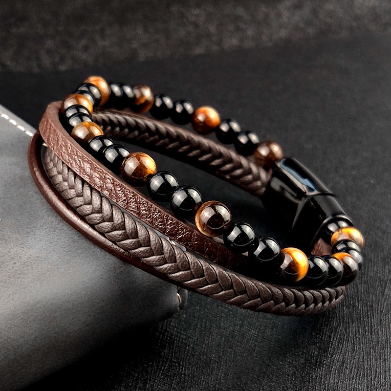 Fashion Trend Men's Vintage Leather with Tiger Eye Stone 4 Layer Bracelet Business Simple Style Accessories Special Gift