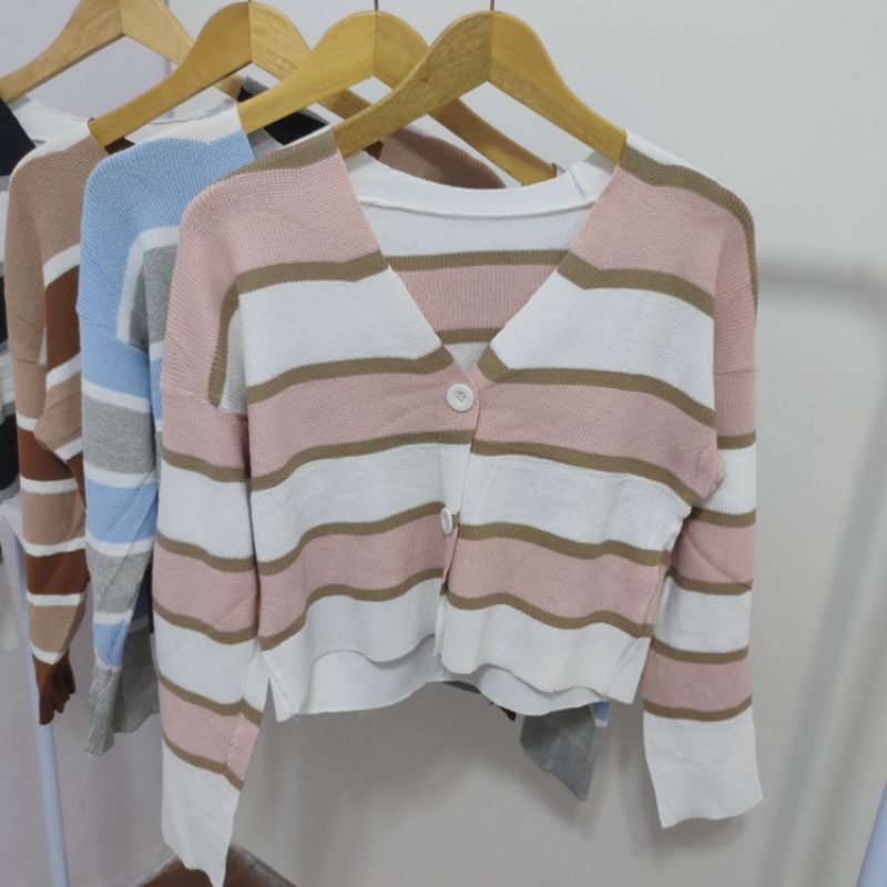 【IMPORT PREMIUM】leher v-neck Stripe Knit Cardigan Lengan Panjang Korean Style Import BKK kardigan oter cewek rajut-Pink