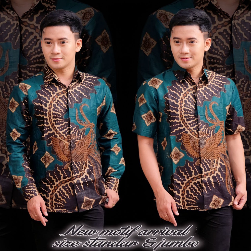 Baju batik pria Lengan panjang-Batik pria lengan pendek-Kemeja batik pria modern-motif kelabang hijau-Batik pria jumbo size standar dan jumbo-Hem Batik Pria Pendek Premium