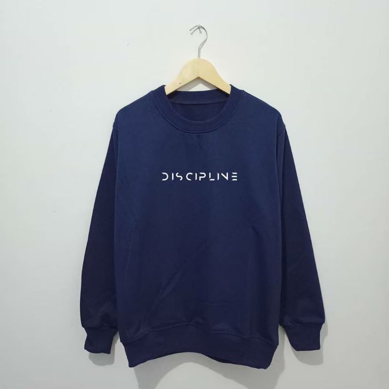 Jacket Crewneck Flece Katun Discipline Terbaru Sweater Pria Biru Navy Krunek Brand Lokal Bandung Kumplit