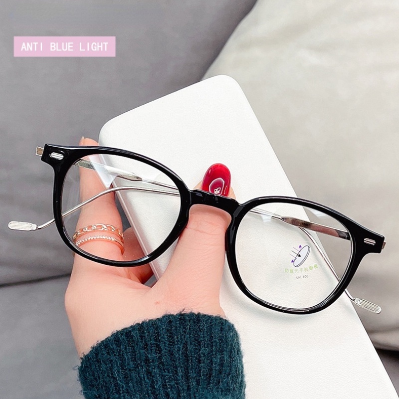 Kacamata Lensa Interchangeable Blue Light Bentuk Oval Gaya Korea Retro Untuk Pria Dan Wanita
