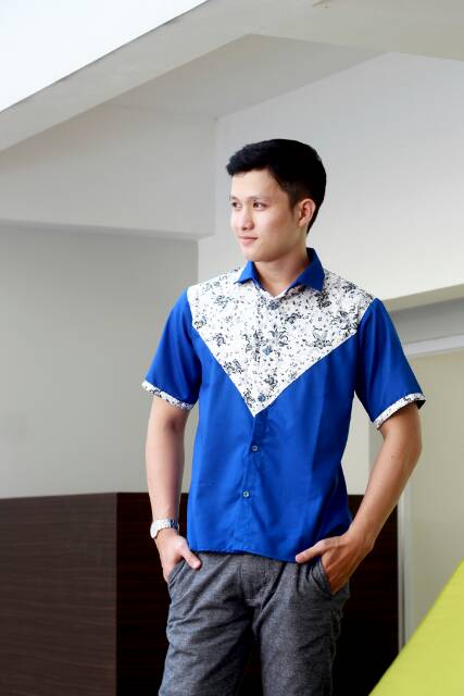 Kemeja Batik Kombinasi Biru M L XL XXL