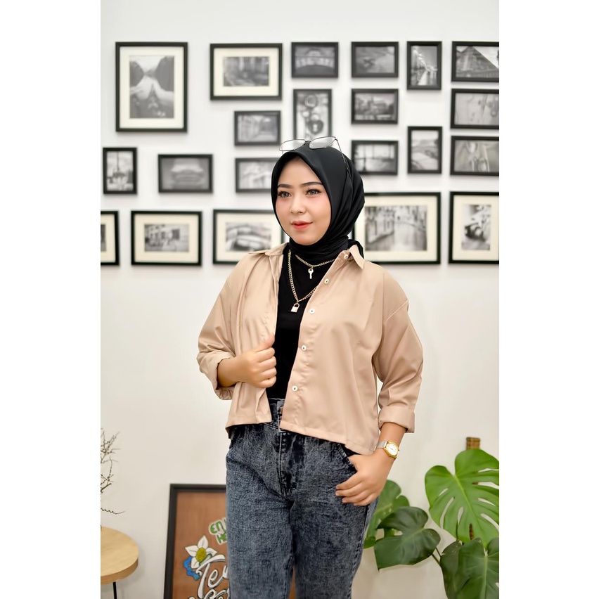 Kemeja Linen Krop Shirt Pocket Wanita Oversize