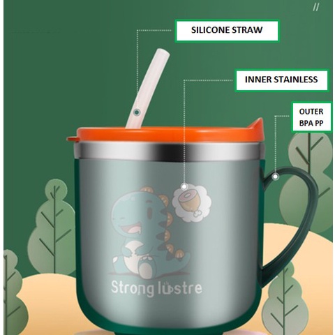 Gelas Minum Sedotan Anak Bergagang Bahan Stainless Anti Pecah 250ml