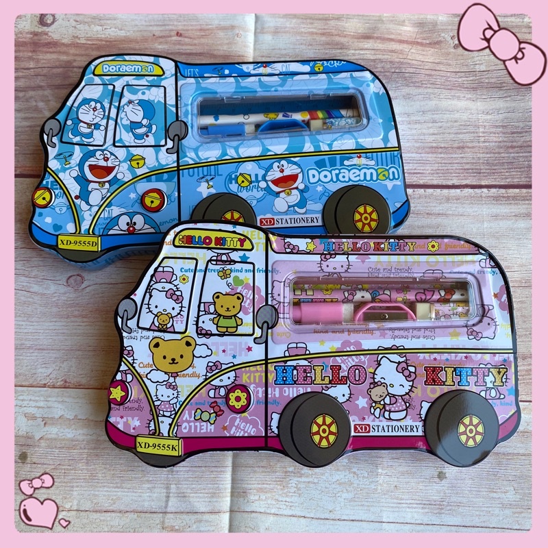 

set alat tulis kotak pensil mobil mobilan kaleng 6in1 doraemon hello kitty