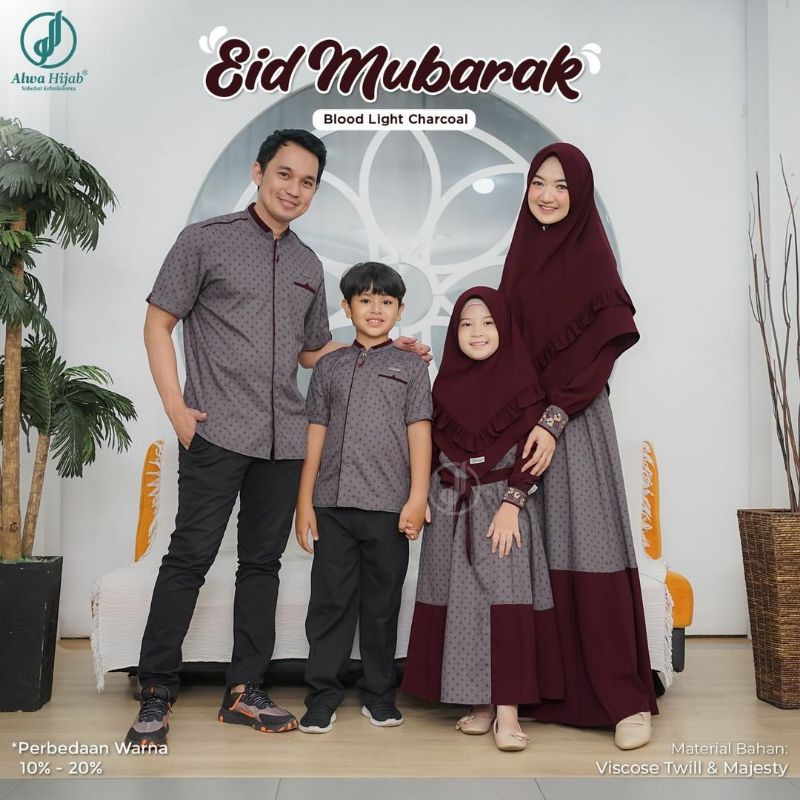 Sarimbit Keluarga Eid Mubarak Alwa Hijab | Blood Light Charcoal / couple keluarga / gamis anak / kok