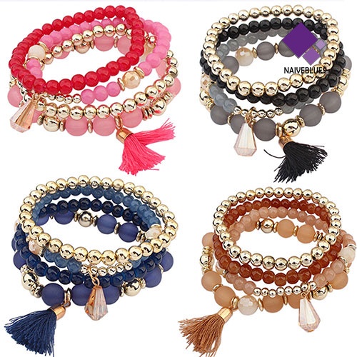 4pcs / Set Gelang Multilayer Bahan Resin Aksen Rumbai Gaya Etnik Untuk Wanita