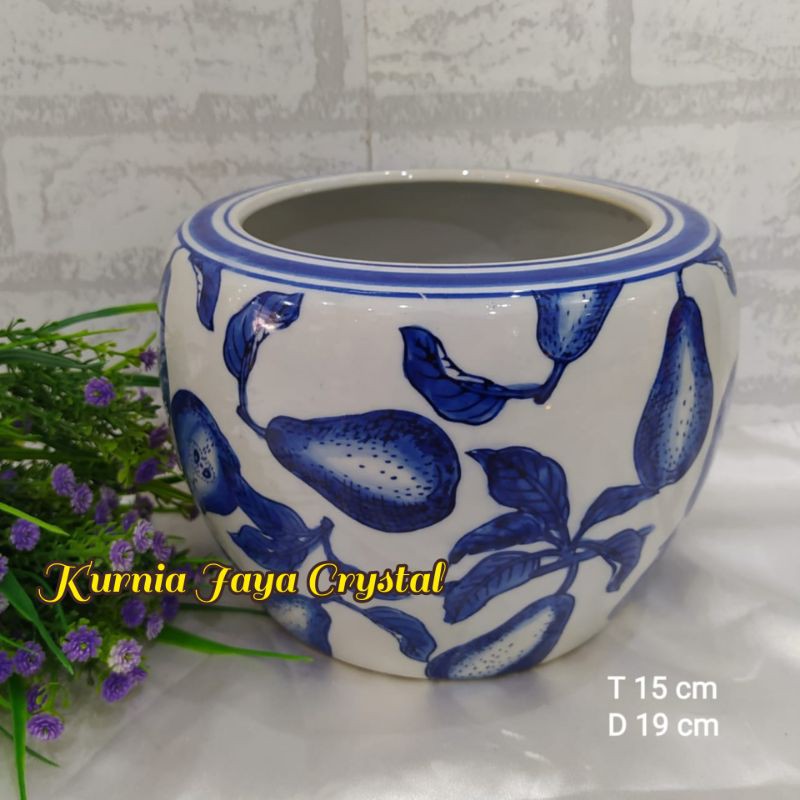 Pot tanaman keramik biru putih motif alpukat/ Pot tanam import Alpukat