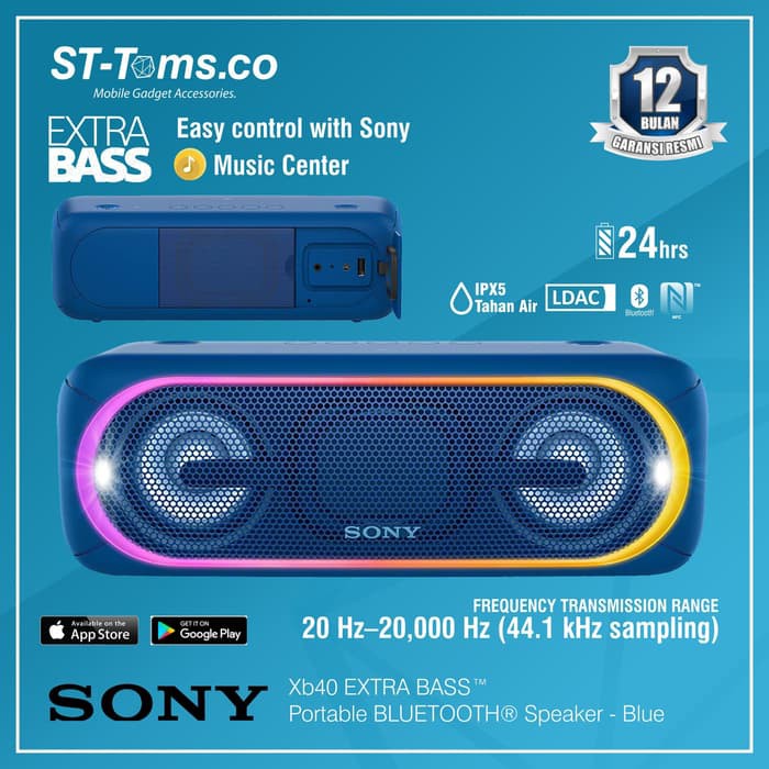 Sony SRS XB40 / XB40 Powerful Bass Portable Bluetooth Speaker - Blue