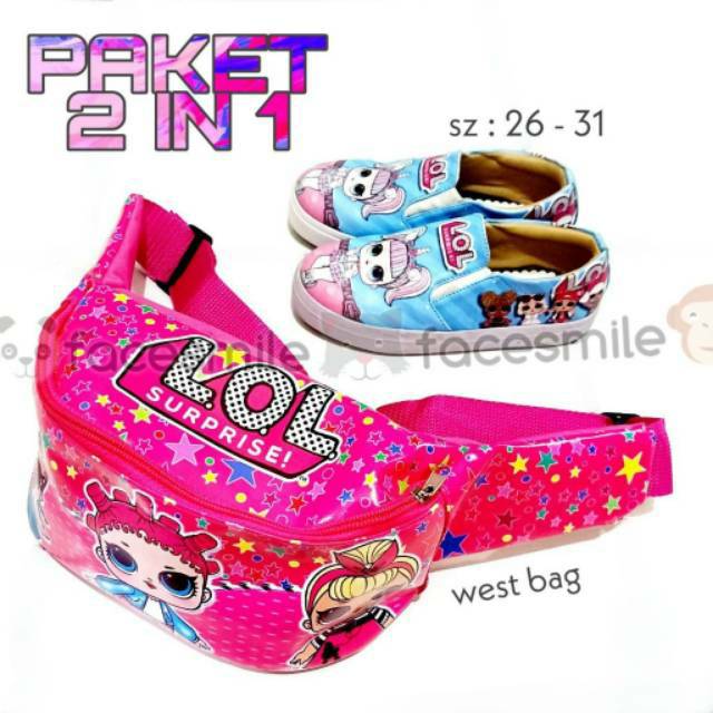 TERMURAH  Sepatu Slipon LOL anak perempuan kids usia 4 sampai 6 tahun gratis waistbag