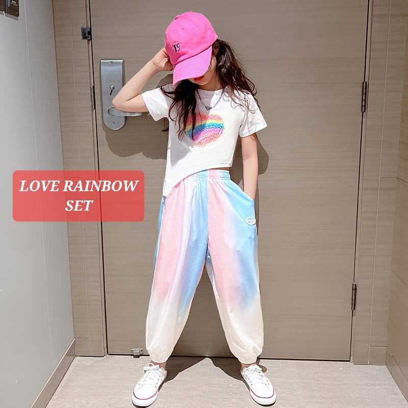 LOVE RAINBOW SET BAJU SETELAN KASUAL ANAK REMAJA PEREMPUAN KAOS CELANA JOGER KOREA IMPORT