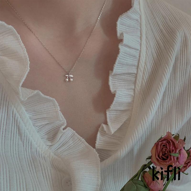 Kalung Rantai Klavikula Hias Mutiara Cherry Untuk Wanita