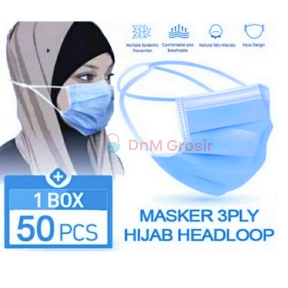 Masker Hijab Biru Hitam 3 ply Isi 50 Pcs