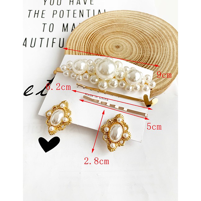 LRC Gold Alloy Pearl Love Geometry Heyi Clip Hairpin Stud Earring Set 5 Piece Set F71361