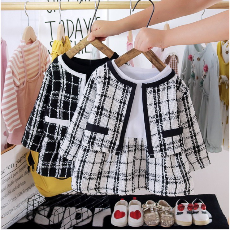 DC20- Set dress dan cardigan bayi/baju dress anak /pakaian bayi  anak perempuan motif kotak kotak