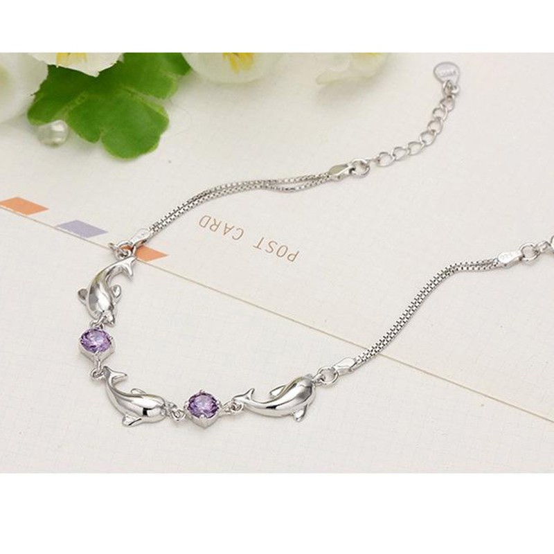 gelang perak 925 asli untuk wanita Perhiasan Fashion Tiga lumba-lumbagelang tangan perempuan