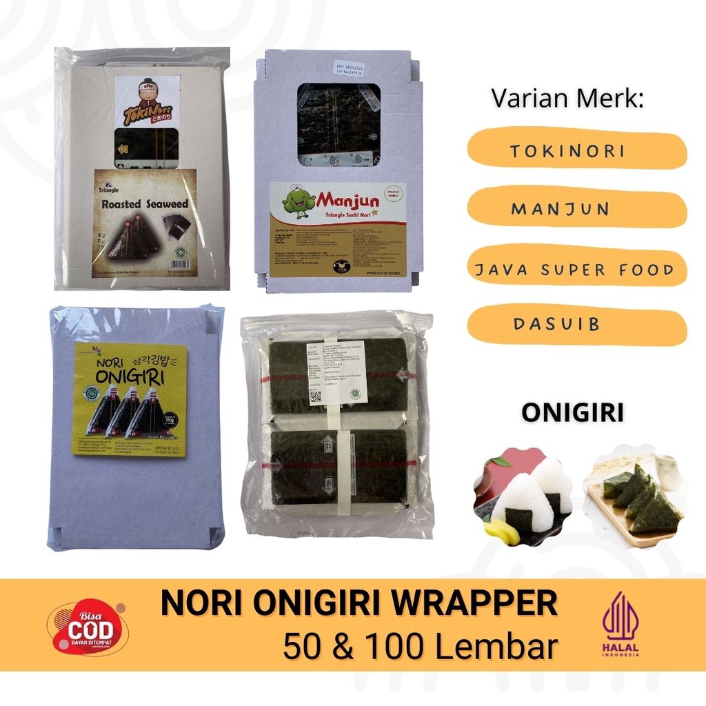 Nori Onigiri Wrapper 50 &amp; 100 Lembar - Nori Onigiri Java Super Food - Nori Onigiri Dasuib  Tokinori Triangle Roasted Seaweed - Manjun Triangle Sushi Nori - Nori Pembungkus Onigiri Halal