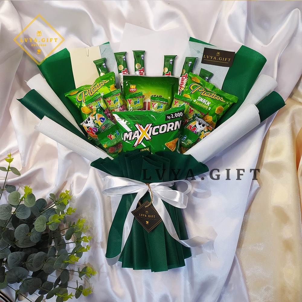 (SNACK 0043) Buket snack tema hijau ukuran besar | Buket serba hijau | Buket makanan | Buket jajan hijau | Buket snack wisuda | Buket snack ulang tahun | Buket anniversary | Buket hari guru | Buket hari ibu | hadiah wisuda | kado ulang tahun