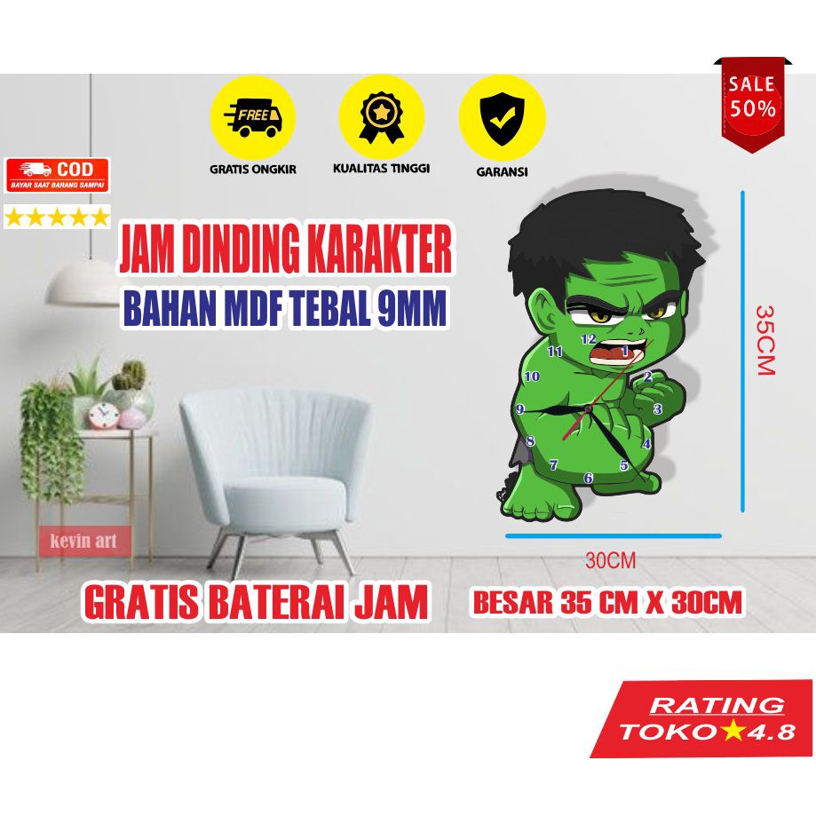 JAM DINDING KAYU UNIK KARAKTER ANAK GAMBAR ANIMASI HULK KEREN LUCU ARTISTIK MURAH TERBARU