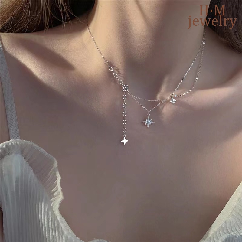 2022 Kalung Rantai Clavicle Simple Dua Lapis Dengan Liontin Bintang + Berlian Imitasi Untuk Wanita