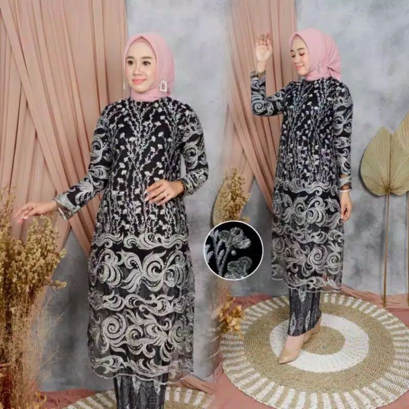 SETELAN KEBAYA TILLE BORDIR HITAM/KEBAYA TUNIK TULLE IMPORT/KEBAYA KEKINIAN