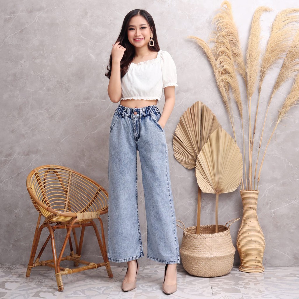 Celana Boyfriend Jeans Wanita Kulot Pinggang Karet Termurah