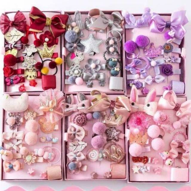 (1 set 18 pcs) Satu set aksesories rambut anak /  satu set jepit dan ikat rambut anak