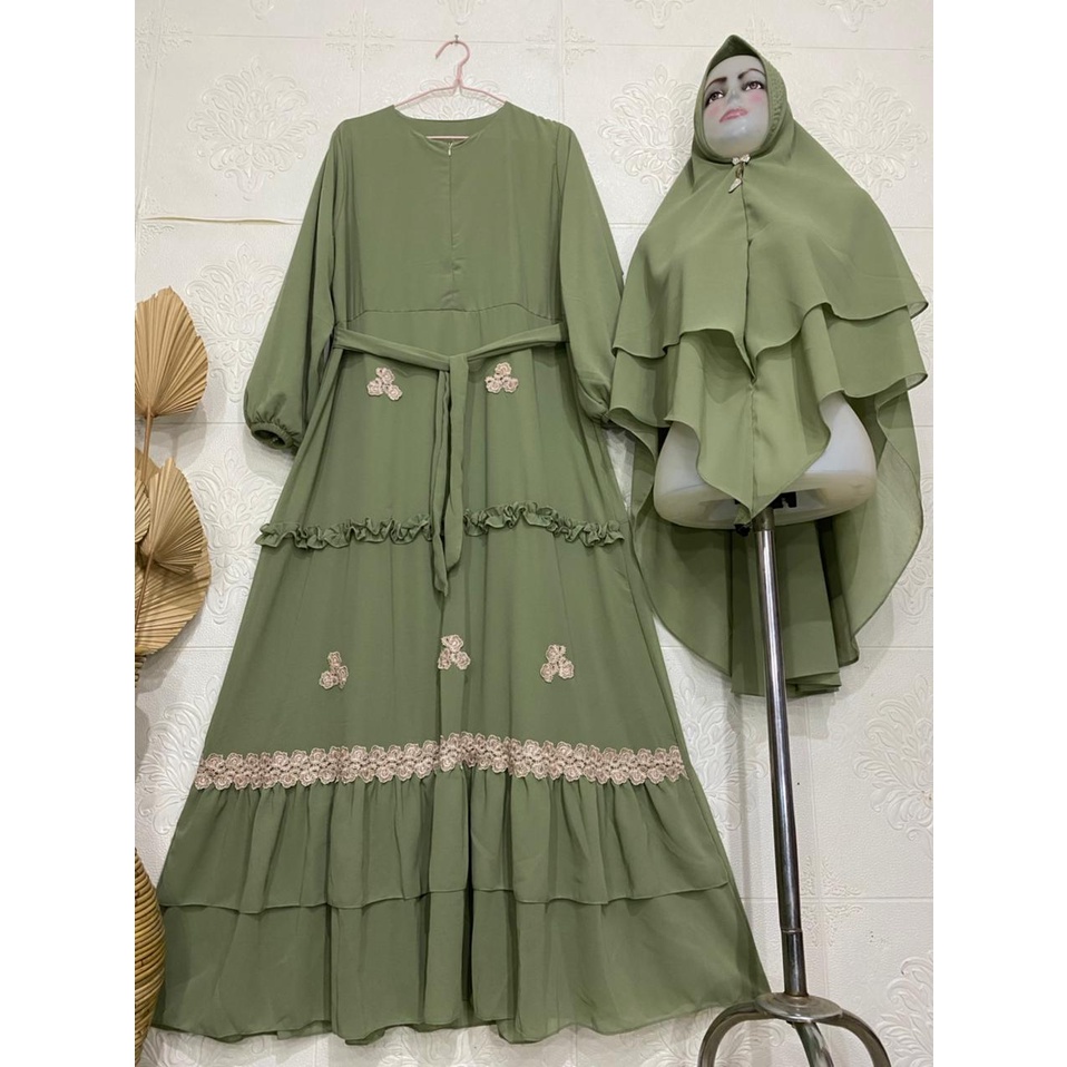 Gamis Syari Ceruty Renda / Gamis Terbaru Mix Renda Bunga Cantik / Gamis Ceruty Babydoll