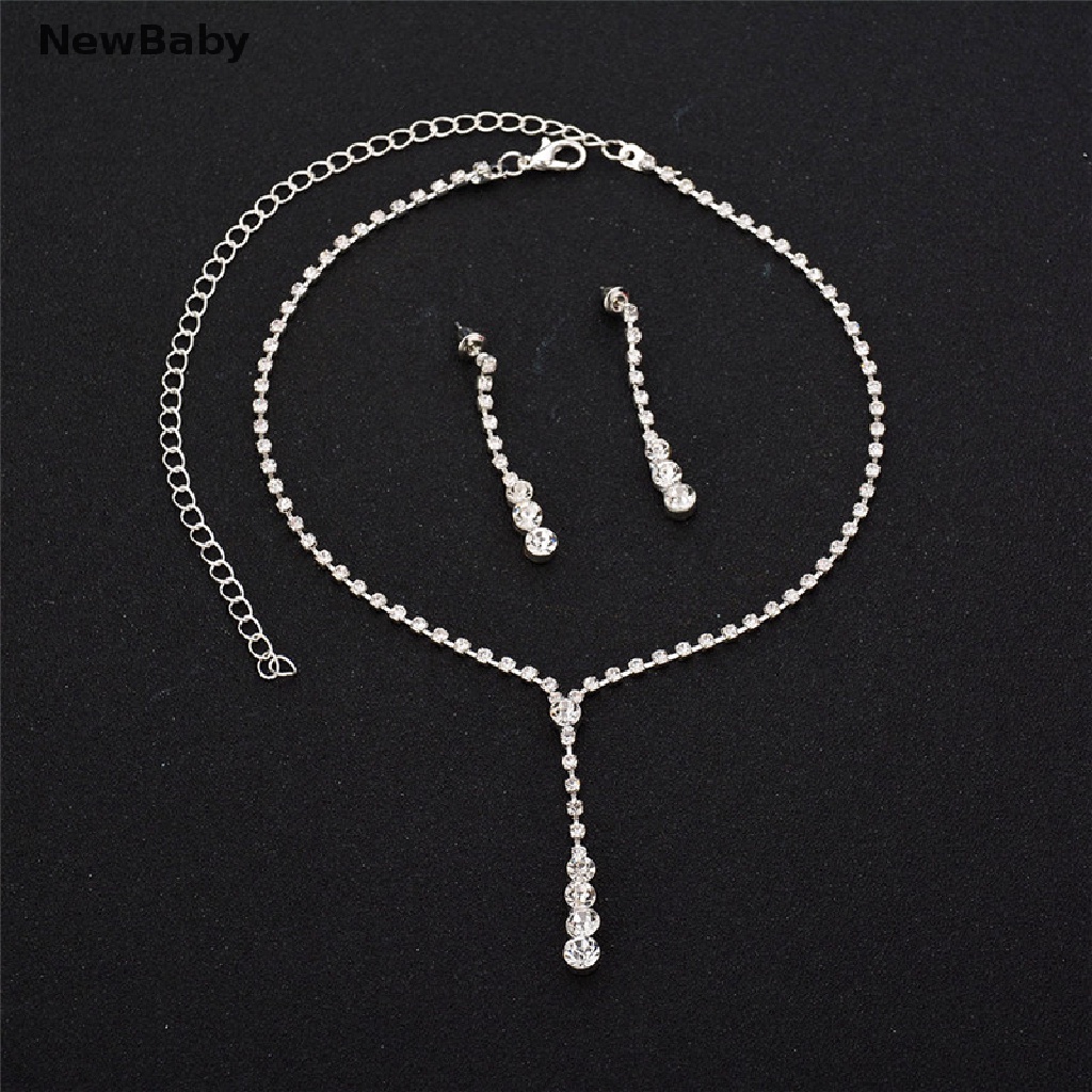 Newbaby 1 Set Kalung + Anting Tusuk Gantung Hias Kristal Berlian Imitasi Untuk Pengantin Wanita